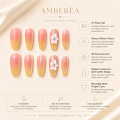 Peach Yellow Ombre Glitter Flower Press On Nails | Medium Coffin Fake Nails