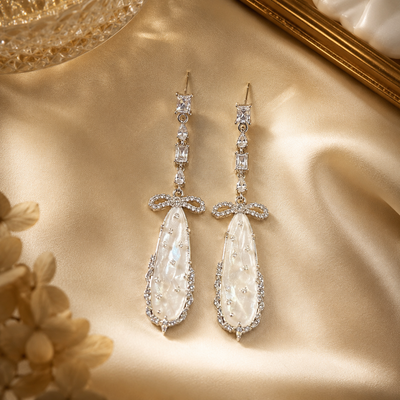 Silver Glass Crystal Bow Drop Earrings