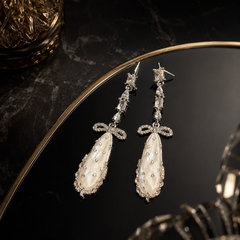 Silver Crystal Bow Drop Earrings | Bridal Mother of Pearl Dangle Earrings