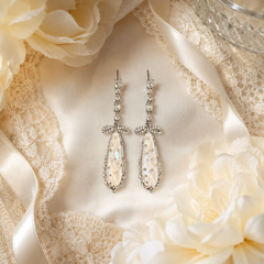 Silver Crystal Bow Drop Earrings | Bridal Mother of Pearl Dangle Earrings