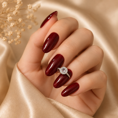 Burgundy Red Cat Eye Press On Nails | Short Almond Rhinestone Fake Nails