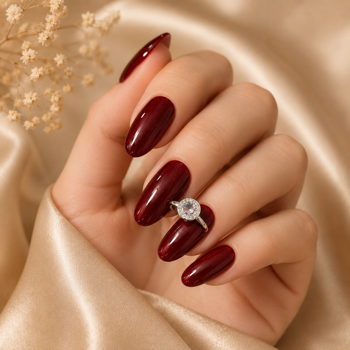 Burgundy Red Cat Eye Press On Nails | Short Almond Rhinestone Fake Nails