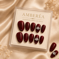 Burgundy Red Cat Eye Press On Nails | Short Almond Rhinestone Fake Nails