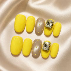 Bright Yellow Rhinestone Press On Nails | Short Square Reusable Fake Nails