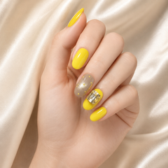 Bright Yellow Rhinestone Press On Nails | Short Square Reusable Fake Nails