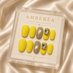 Bright Yellow Rhinestone Press On Nails | Short Square Reusable Fake Nails