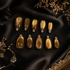 Brown Cat Eye Press On Nails with Rhinestones | Luxury Handmade Fake Nails