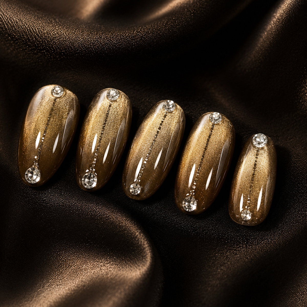 Brown Cat Eye Press On Nails with Rhinestones | Luxury Handmade Fake Nails