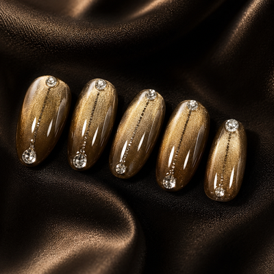 Brown Cat-Eye Press-On Nails with Rhinestones