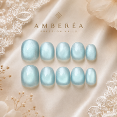 Light Blue Pearl Cat Eye Press On Nails | Short Square Reusable Fake Nails