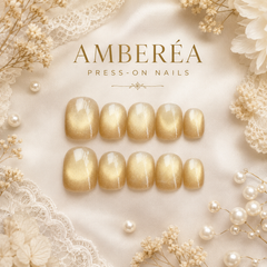 Champagne Gold Pearl Cat Eye Press On Nails | Short Square Bridal Fake Nails