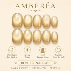 Champagne Gold Pearl Cat Eye Press On Nails | Short Square Bridal Fake Nails