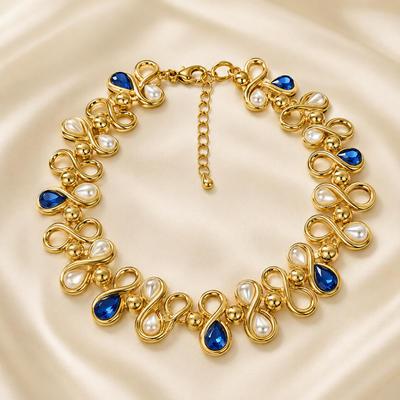 Blue Glass Crystal Faux Pearl Gold-Tone Necklace