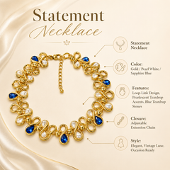Blue Crystal Pearl Gold Statement Necklace | Elegant Teardrop Necklace for Women