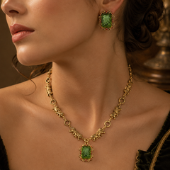 Emerald Green Gold Jewelry Set | Vintage Necklace and Earrings Set