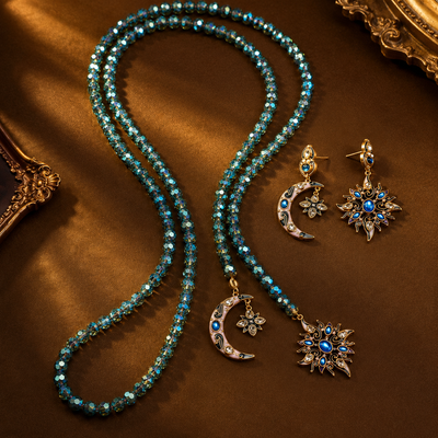 Blue Glass Crystal Moon Star Jewelry Set
