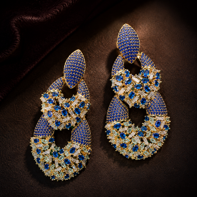 Blue Rhinestone Statement Earrings – Geometric