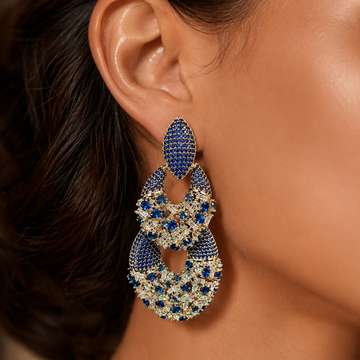 Blue Rhinestone Statement Earrings | Crystal Geometric Earrings for Women