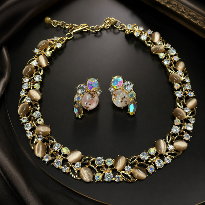 Vintage Cat-Eye Glass Crystal Necklace & Earrings Set