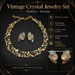 Vintage Cat Eye Crystal Necklace & Earrings Set | Gold Tone Statement Jewelry for Women