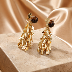 Gold Leaf Tassel Clip-On Earrings | Statement Non-Pierced Dangle Earrings for Women