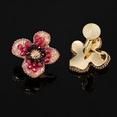 Pink Flower Clip-On Earrings | Handmade Beaded Non-Pierced Earrings for Women