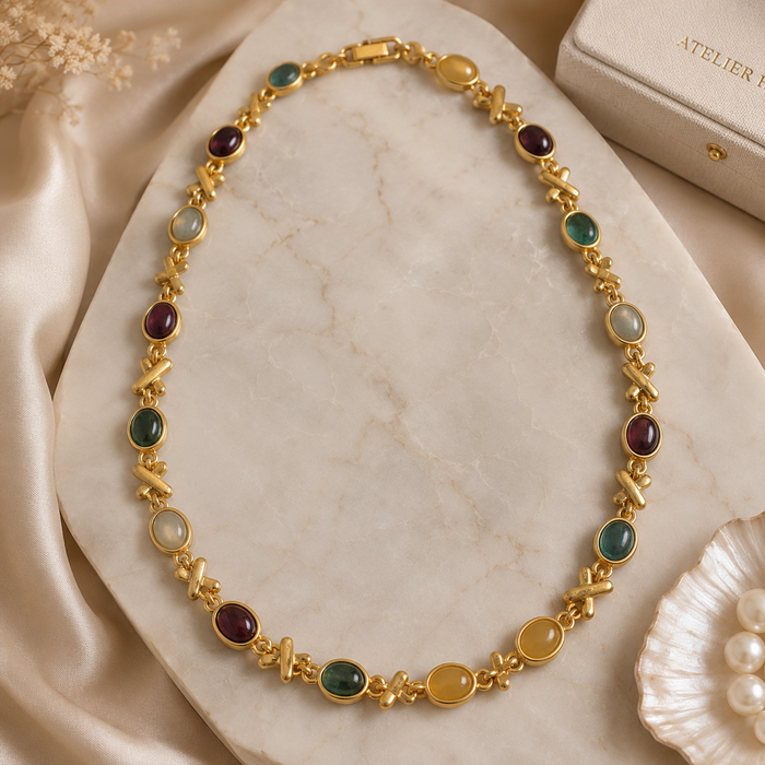 Vintage Gold Colorful Gemstone Necklace | Statement Necklace for Women