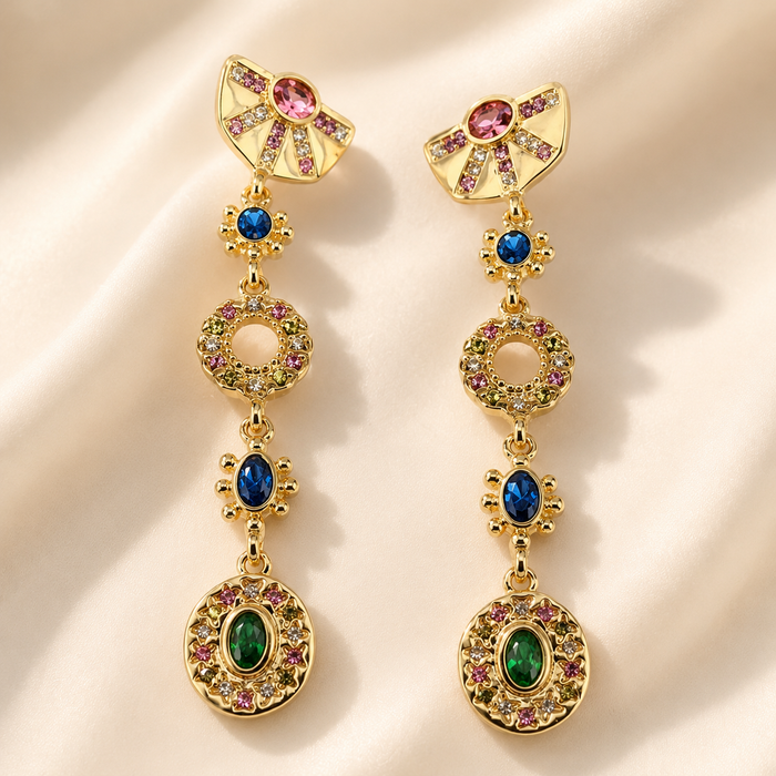 Colorful Rhinestone Statement Earrings | Vintage Gold Long Dangle Earrings