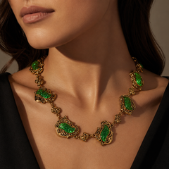Emerald Green Gold Statement Necklace | Vintage Gemstone Necklace for Women