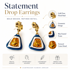 Blue Geometric Drop Earrings | Gold Statement Triangle Earrings for Women