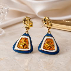 Blue Geometric Drop Earrings | Gold Statement Triangle Earrings for Women