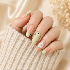 Peach Green Floral Press On Nails | Handmade Flower Fake Nails