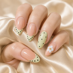 Peach Green Floral Press On Nails | Handmade Flower Fake Nails