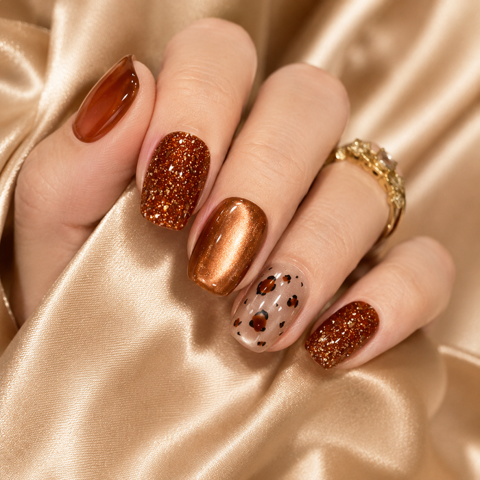 Amber Brown Glitter Press On Nails | Handmade Leopard Print Fake Nails