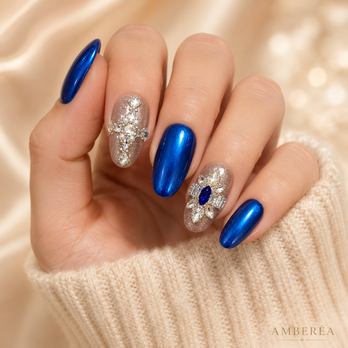 Royal Blue Press On Nails | Handmade Rhinestone Luxury False Nails