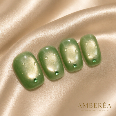 Olive Green Cat-Eye Press-On Nails – Rhinestone