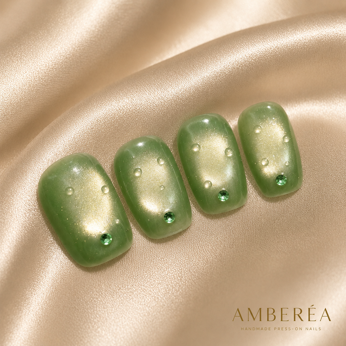 Olive Green Cat Eye Press On Nails | Handmade Rhinestone Fake Nails