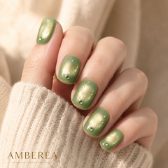Olive Green Cat Eye Press On Nails | Handmade Rhinestone Fake Nails