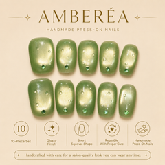 Olive Green Cat Eye Press On Nails | Handmade Rhinestone Fake Nails