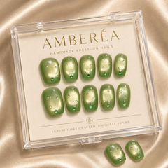 Olive Green Cat Eye Press On Nails | Handmade Rhinestone Fake Nails