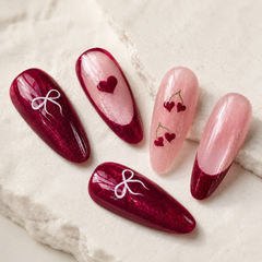 Burgundy Cherry Bow Press-On Nails