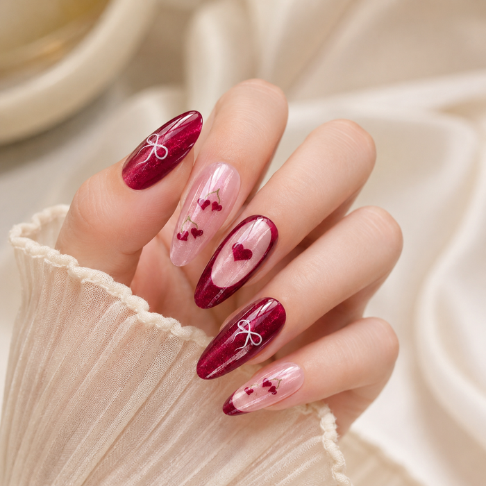 Burgundy Cherry Bow Press-On Nails