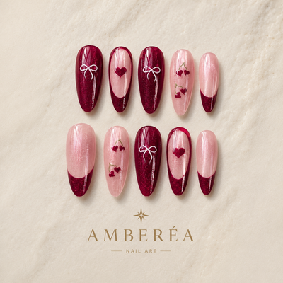 Burgundy Cherry Bow Press-On Nails