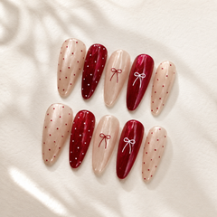 Burgundy Bow Polka Dot Press-On Nails
