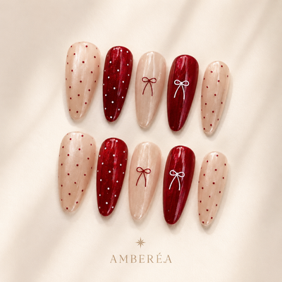 Burgundy Bow Polka Dot Press-On Nails