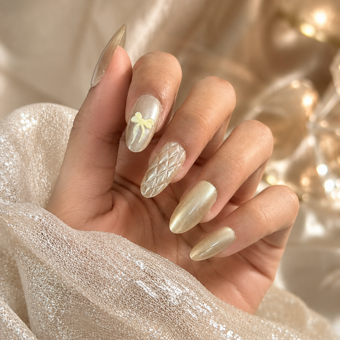 Champagne Knit Bow Press-On Nails