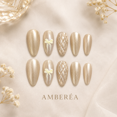 Champagne Knit Bow Press-On Nails