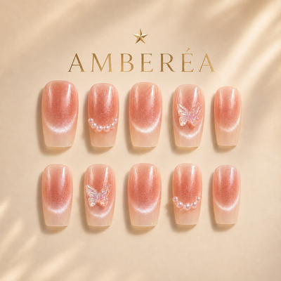 Peach Pearl Butterfly Cat-Eye Press-On Nails