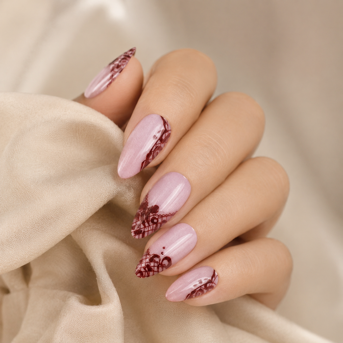 Burgundy Lace Pink Press-On Nails