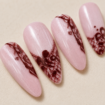 Burgundy Lace Pink Press-On Nails